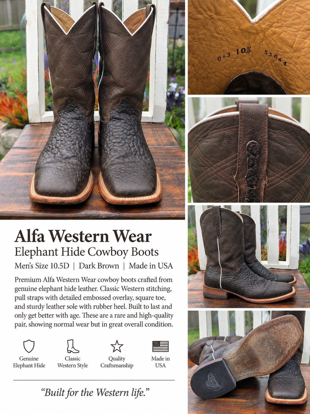 Men's Dark Brown Elephant Hide Cowboy Boots Size 10.5D